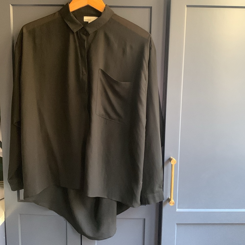 Black Sheer Button Down Loose Top- Size M- Cutout Back- High-Low Hem